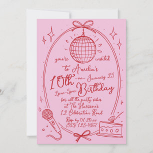 Invitation Fille d'anniversaire Karaoké Rose Soirée Disco Rét