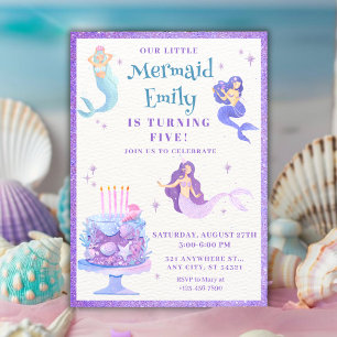 Invitation Fille d'anniversaire sirène à l'aquarelle