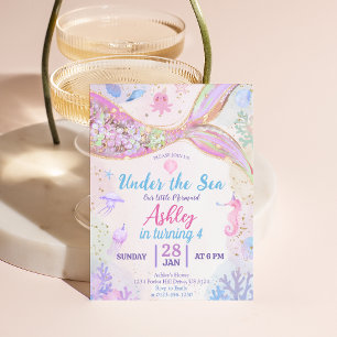 Invitation Fille d'anniversaire sirène sous la mer à paillett