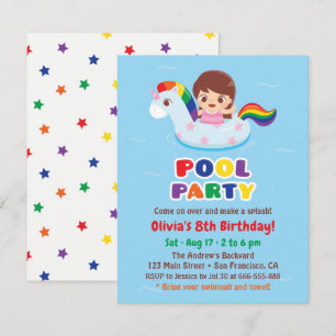 Invitation Fille dans un flotteur de piscine licorne Fête d'a