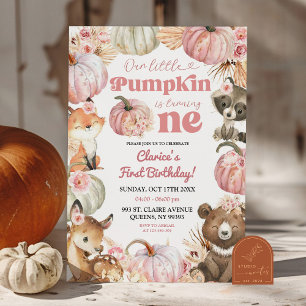 Invitation Fille de 1 an Boho Pink Woodland Pumpkin Anniversa