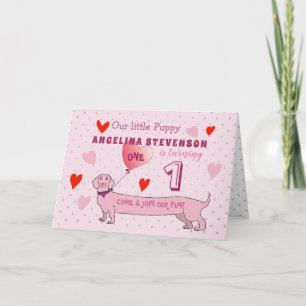 Invitation Fille de 1er anniversaire Chiot Rose