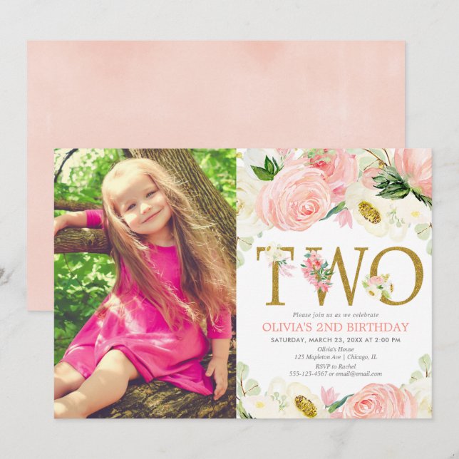 Invitation fille de 2ème anniversaire, blush rose or floral p (Devant / Derrière)