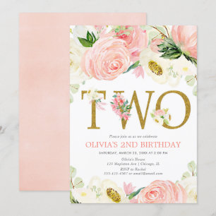 Invitation fille de 2ème anniversaire, rose rose rose rose fl