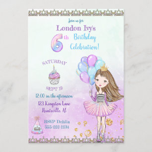 Invitation Fille de 6 ans Cupcake Ballons Princesse