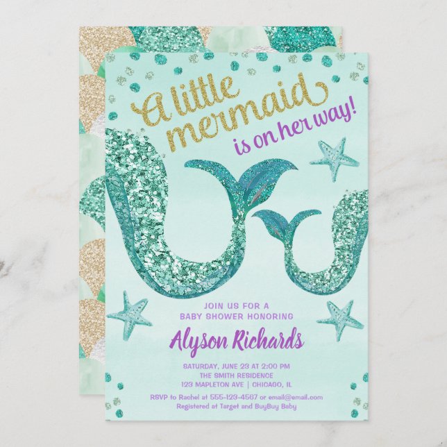 Invitation Fille de baby shower de sirène, queue turquoise de (Devant / Derrière)