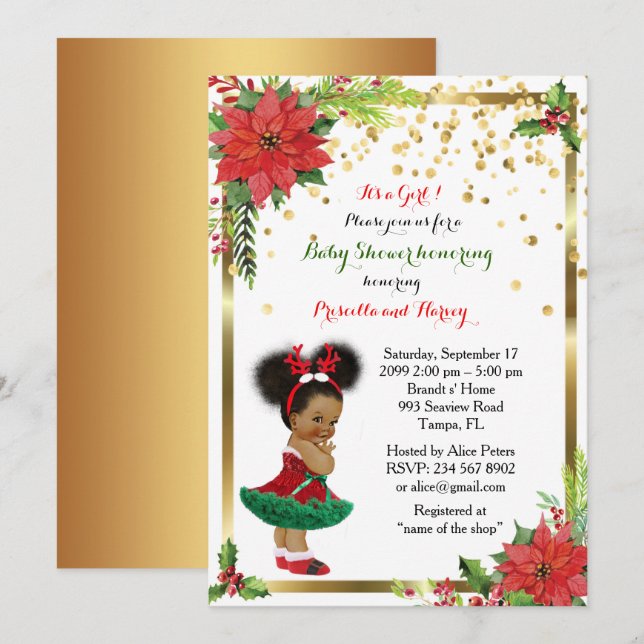 Invitation FILLE de baby shower, Noël, blanc et gold_Ebony (Devant / Derrière)