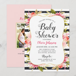 Invitation Fille de Baby Shower Photo Florale Rose Moderne