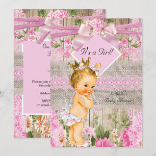 Invitation Fille de Baby Shower Rose Bois Rustique Burlap Blo