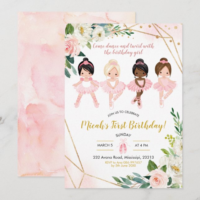 Invitation Fille de ballet rose et or Floral (Devant / Derrière)