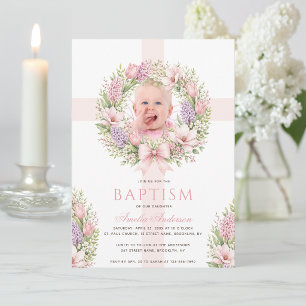 Invitation Fille de baptême florale Photo avec des fleurs ros
