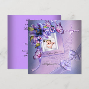 Invitation Fille de baptême rose violet photo baptême