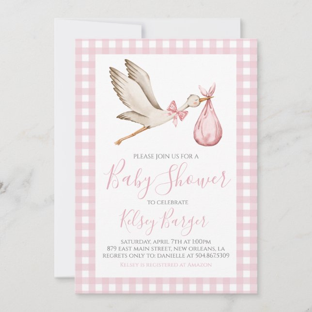 Invitation Fille de cigogne rose Preppy Baby shower Sud (Devant)