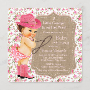 Invitation Fille de Cowgirl en toile de jute sur fond floral 