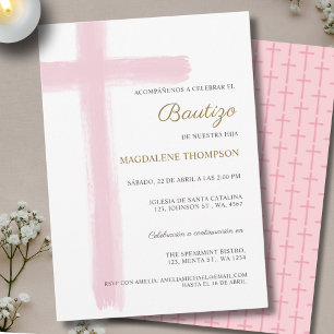 Invitation Fille de croix simple Baptême rose Bautizo