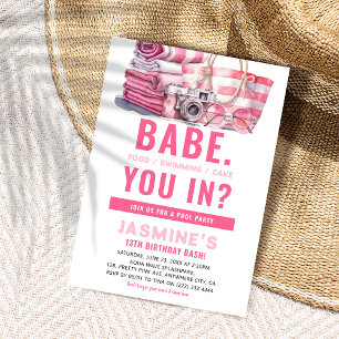 Invitation Fille de fête d'anniversaire BABE Pink Pool Party
