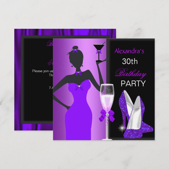 Invitation Fille de fête d'anniversaire violet glamour (Devant / Derrière)