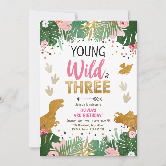 Invitation Fille de fête des trois dinos Wild Dino Dinosaur r (Devant)