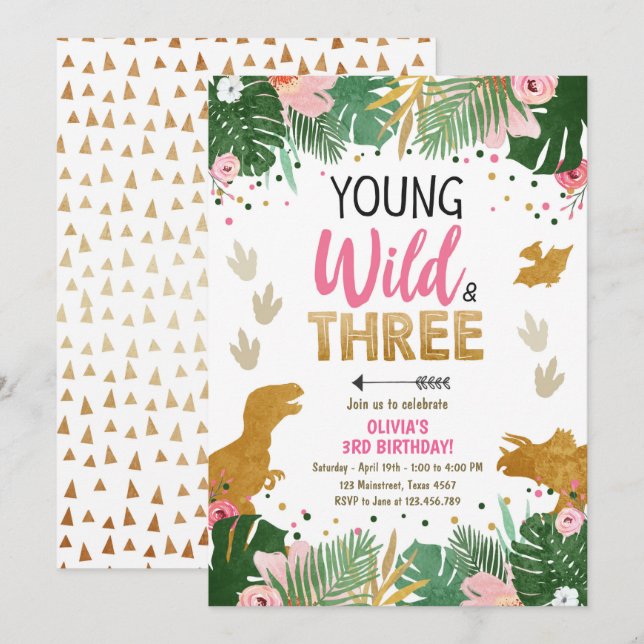 Invitation Fille de fête des trois dinos Wild Dino Dinosaur r (Devant / Derrière)