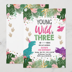 Invitation Fille de fête des trois dinos Wild Dino Dinosaur r