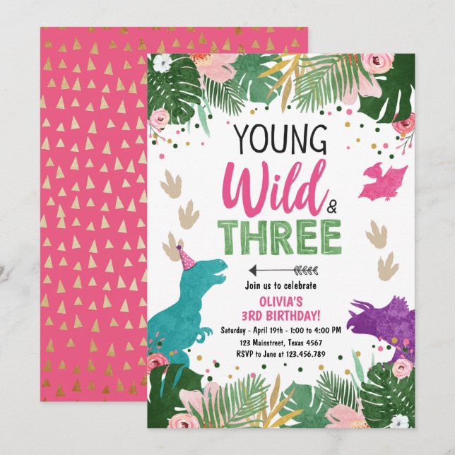 Invitation Fille de fête des trois dinos Wild Dino Dinosaur r (Devant / Derrière)