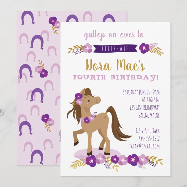 Invitation Fille de fête du poney (Devant / Derrière)