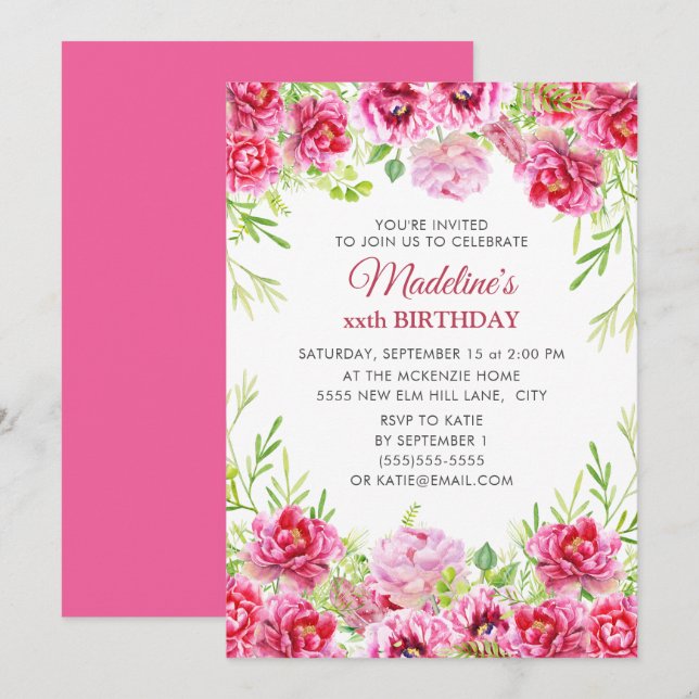 Invitation Fille de Fille rose florale fête d'anniversaire (Devant / Derrière)