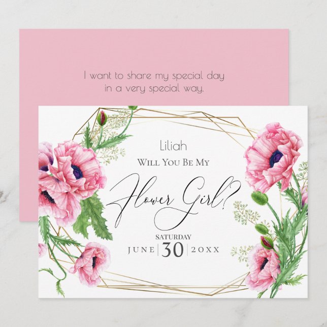 Invitation Fille de fleurs | Coquelicots aquarelle rose (Devant / Derrière)