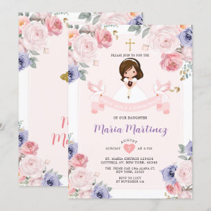 Invitation Fille de fleurs violettes et roses 1ère sainte com