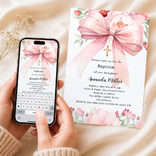 Invitation Fille de floraux à ruban rose Baptême