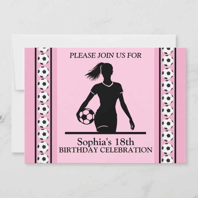 Invitation Fille de football fête d'anniversaire, joueur de f (Devant)