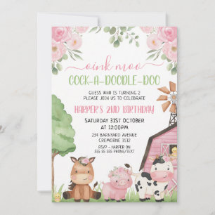 Invitation Fille de la ferme florale rose Anniversaire