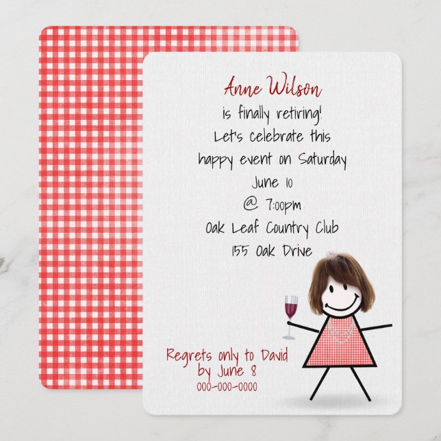 Invitation Fille de la fête de retraite avec verre à vin (Devant / Derrière)