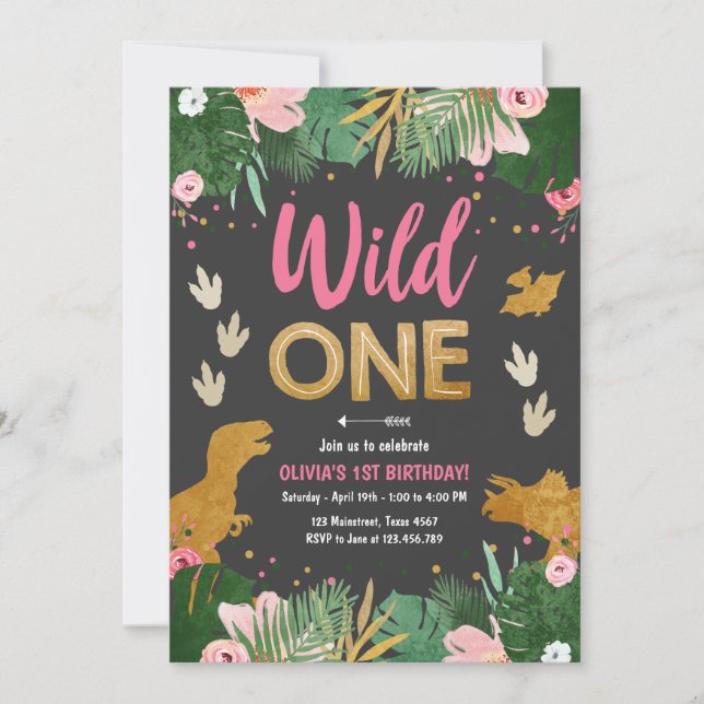 Invitation Fille de la fête des Dinosaures roses de Wild One  (Devant)