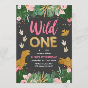 Invitation Fille de la fête des Dinosaures roses de Wild One 