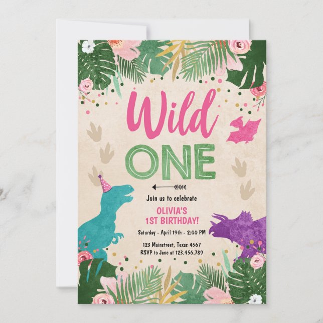 Invitation Fille de la fête des Dinosaures roses de Wild One  (Devant)