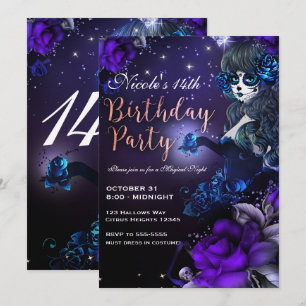 Invitation Fille de la Fête des Morts Violet Bleu Anniversair