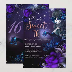 Invitation Fille de la Fête des Morts Violet Bleu Sweet 16 Pa
