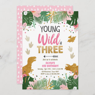 Invitation Fille de la fête des Trois Dinosaures rose