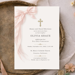 Invitation Fille de la première communion au ruban rose