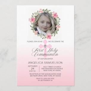 Invitation FILLE de la Première Communion Rose de la couronne