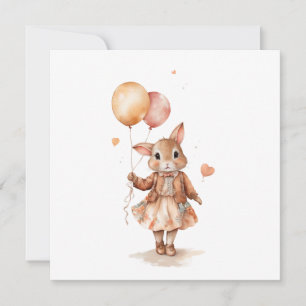 Invitation Fille de lapin peu rétro à l'aquarelle avec des ba