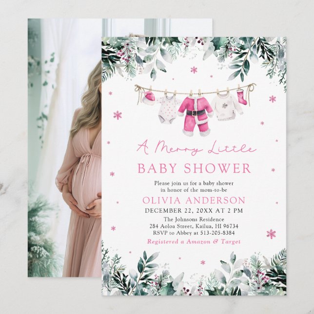 Invitation Fille de Noël rose un joyeux petit Baby shower (Devant / Derrière)