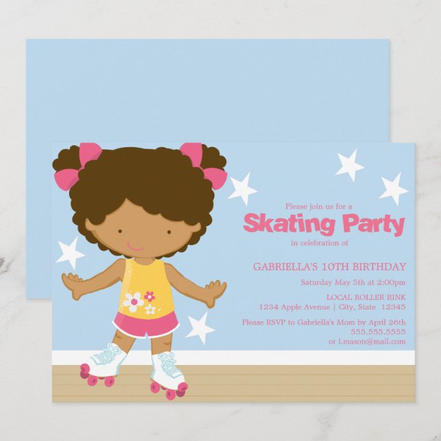 Invitation Fille de patinage d'Afro-américain de la partie | (Devant / Derrière)