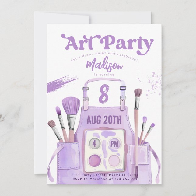 Invitation Fille de peinture artistique fête d'anniversaire v (Devant)