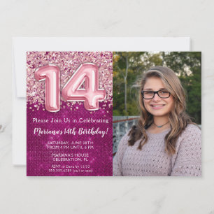 Invitation Fille de photo Magenta Rose Pailleté 14e Anniversa