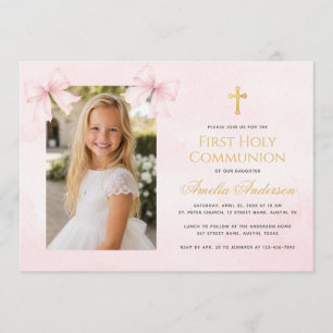 Invitation Fille de première communion photo rubans roses cro