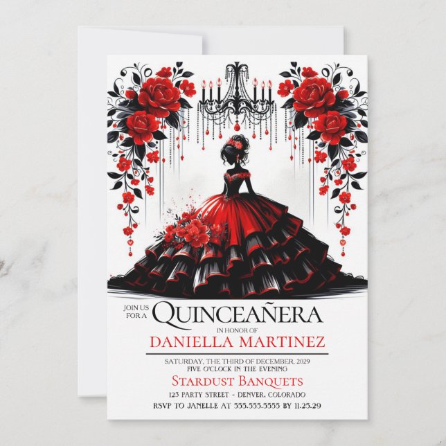 Invitation Fille de Quinceañera noir et rouge (Devant)