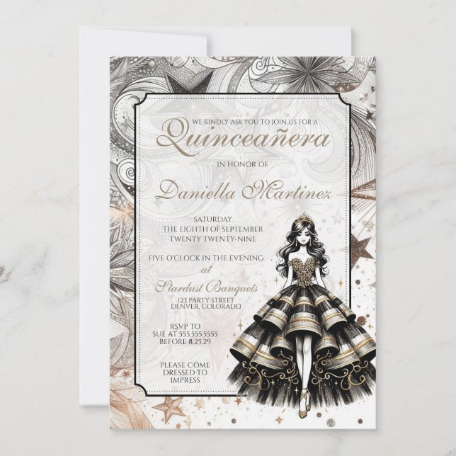Invitation Fille de Quinceañera Noir & Or (Devant)