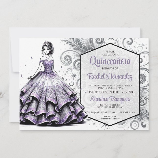 Invitation Fille de Quinceañera Violette & Argentée (Devant)